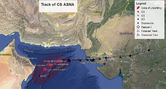 Satellite imagery taken on August 31, 2024, shows the track of Cyclone Asna in the Arabian Sea. — PMD