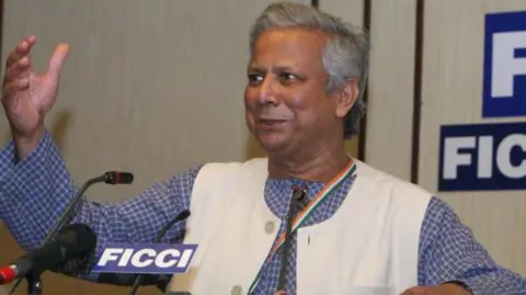 Getty Images Nobel prize laureates Mohammed Yunus of Bangladesh gives speech at FICCI, New Delhi. 