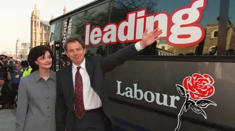 PA Tony Blair and his wife, Cherie, are pictured in Westminster stood in front of a large grey bus. Tony Blair is holding his arm up signalling towards the bus which is inscribed with 'leading Labour' on the side of it, along with a red rose that is the Labour Party's emblem.