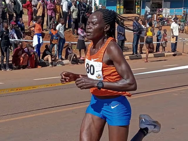 rebecca cheptegei pictured taking part in a 10km road race in uganda last year finished 44th in the marathon at the paris olympics photo ap