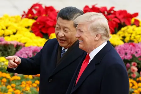 Getty Images Xi and Trump in Beijing in 2017, standing in front of flowers and pointing