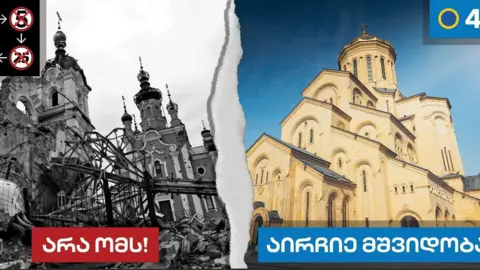 Election billboard shows a destroyed church in Ukraine reading "no to war" next to an image of an intact church in Georgia with a message reading "choose peace"