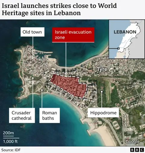 Map showing Unesco World Heritage sites and Israeli evacuation zone in Tyre, southern Lebanon (23 October 2024)