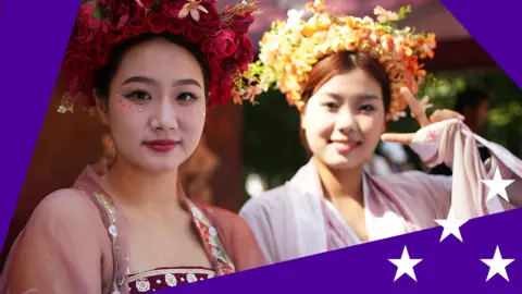 BBC Two Chinese women in traditional dress, with stylised purple border dotted with four white stars