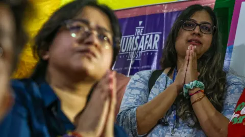 EPA Supporters of same-sex marriage listen to a live streaming of the verdict at the Humsafar Trust office in Mumbai, India, 17 October 2023. India's Supreme Court rejected petitions seeking to legalize same-sex marriage in India in a unanimous verdict and refused to tweak provisions of the Special Marriage Act after matter was decided by a five-judge Constitution Bench, headed by CJI D Y Chandrachud.
India's supreme court rejects petitions to legally recognize same-sex marriage, Mumbai - 16 Oct 2023. Mandatory Credit: Photo by DIVYAKANT SOLANKI/EPA-EFE/REX/Shutterstock