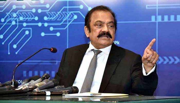 Prime ministers aide on public and political affairs Rana Sanaullah addressing a press conference in this undated image. — PID/File