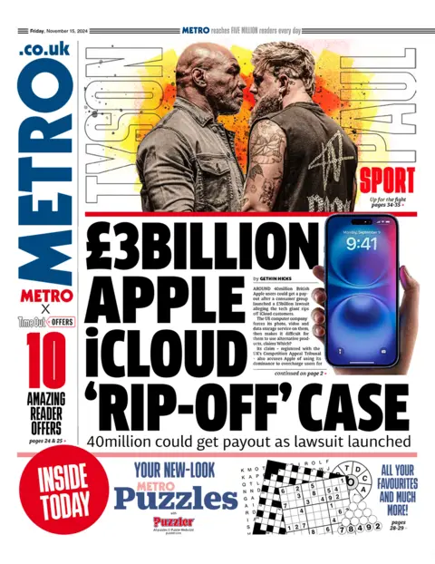 The headline in the Metro reads: "£3billion Apple iCloud 'rip-off' case". 