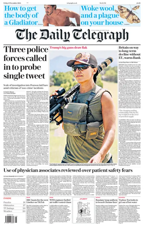 The headline in the Daily Telegraph reads: "Three police forces called in to probe single tweet". 