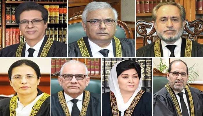 (Clockwise from top left) Collage shows Justice Muhammad Ali Mazhar, Justice Amin-ud-Din Khan, Justice Jamal Khan Mandokhail, Justice Ayesha A Malik, Justice Syed Hasan Azhar Rizvi, Justice Musarrat Hilali and Justice Naeem Afghan. —SC website