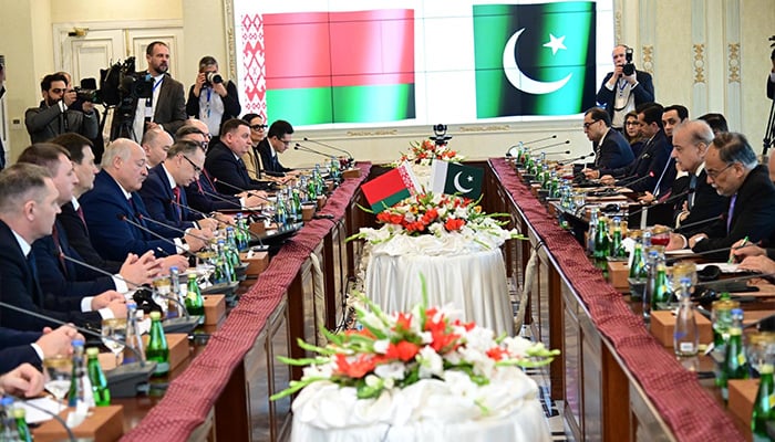 PM Shehbaz Sharif and Belarus President Aleksandr Lukashenko in delegation level talks between Pakistan and Belarus in Islamabad on November 26, 2024. — PID