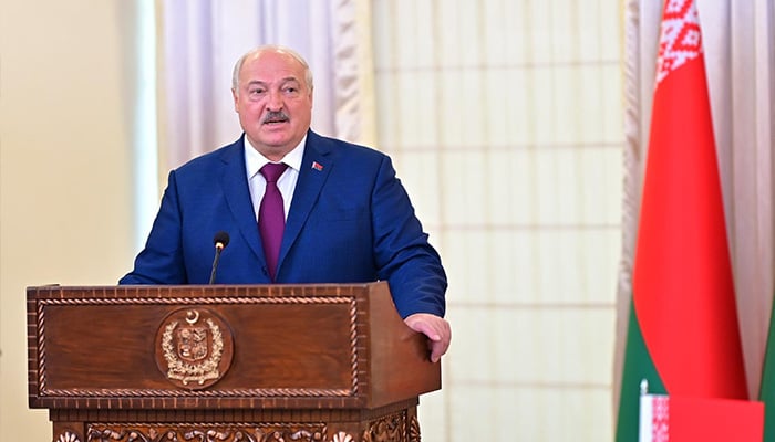 Belarus President Aleksandr Lukashenko speaks at joint press stakeout in Islamabad on November 26, 2024. — PID