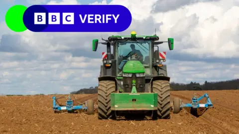 BBC A green tractor ploughing a field in Suffolk. The BBC Verify logo is in the top corner.