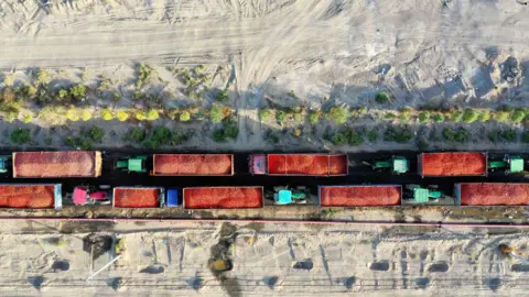 Alamy Aerial photo taken on 5 Aug 2020 shows trucks carrying tomatoes waiting in line for sale outside a tomato processing plant in Bohu County, northwest China s Xinjiang Uygur Autonomous Region. The red of the tomatoes contrasts with the brightly coloured blue and turquoise cabs of the trucks. 