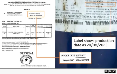 A graphic showing: On the left - what Petti told us was its last invoice from Xinjiang Guannong dated October 2020, and on the right - a label on a barrel spotted by our undercover reporter sent from XG to Petti dated August 2023