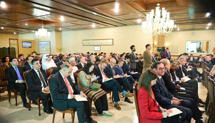 Members of the diplomatic corps attend briefing by Deputy Prime Minister and Foreign Minister Ishaq Dar on the recent developments in Islamabad, December 4, 2024. — X/@DPM_PK