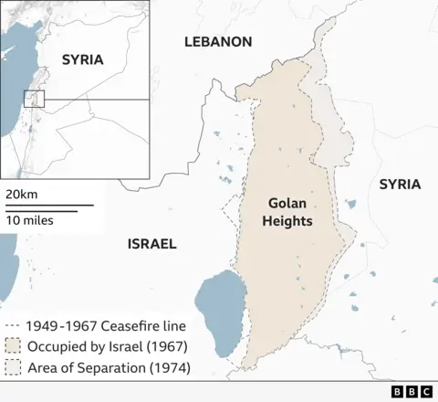 A map shows the location of the Golan Heights, between Israel and Syria. A lighter shaded area along the right-hand border of it shows the area of separation