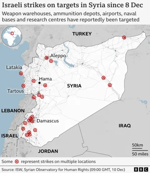 A map showing the locations of Israeli strikes on Syria since 8 December, including Tartous, Masyaf, Qusayr Corssing, Al Mayadin, Mount Qasioun, Damascus and Khalkhala airport