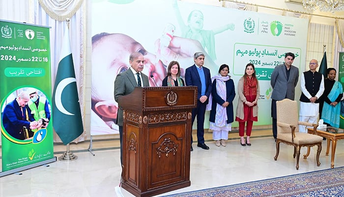 PM Shehbaz Sharif addresses the launching ceremony of last anti-polio campaign of 2024 on December 15, 2024. — PID