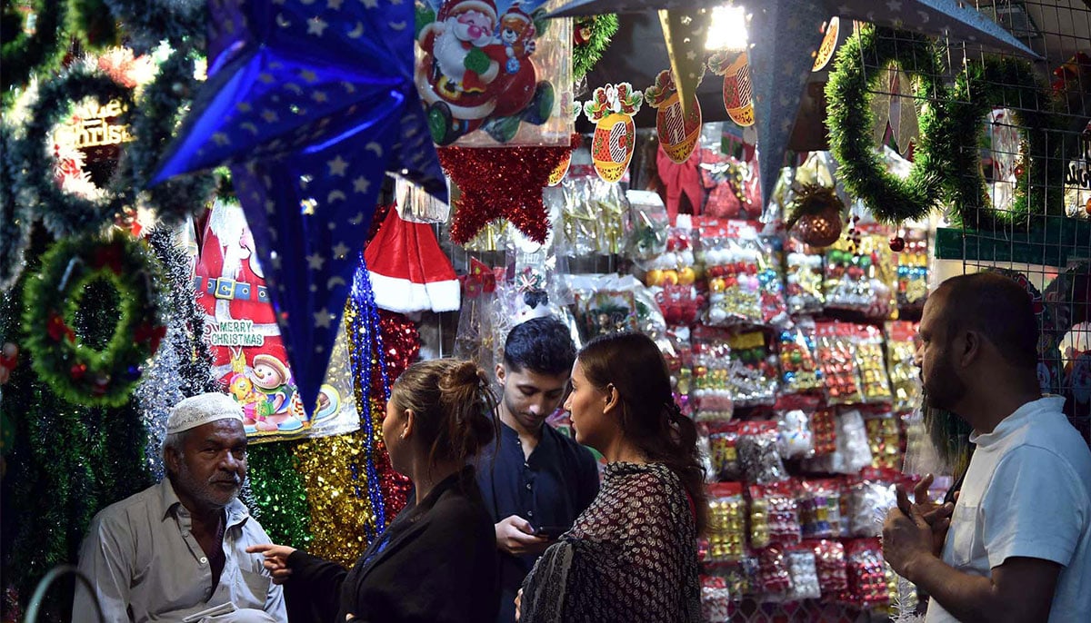 Christmas decorative items are being sold in connection with the Christmas celebrations in the city at Saddar Bohri Bazar in Karachi on December 24, 2024. — PPI