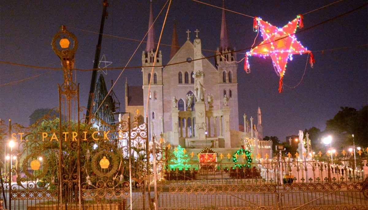 Karachis St Patrick Church illuminated with decorative lights on Christmas, December 24, 2024. — APP