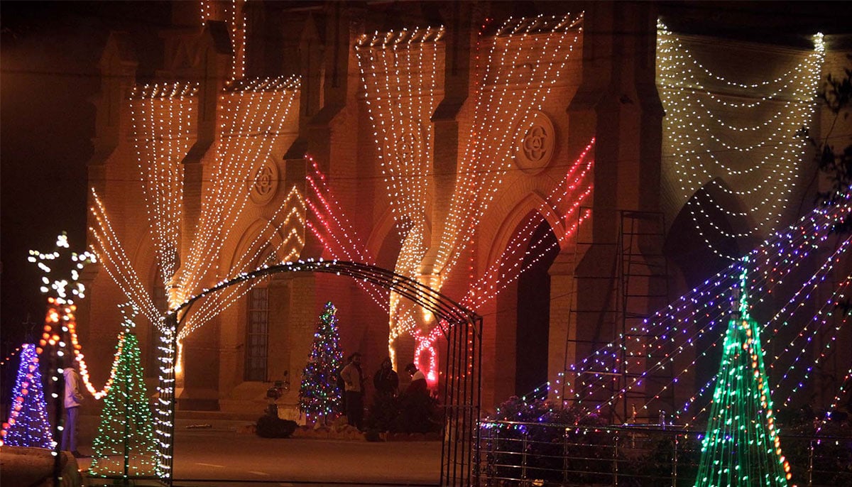 A beautiful illuminated view of St. Johns Cathedral Church in connection of Christmas Day Celebration coming ahead, in Peshawar December 24, 2024. — PPI