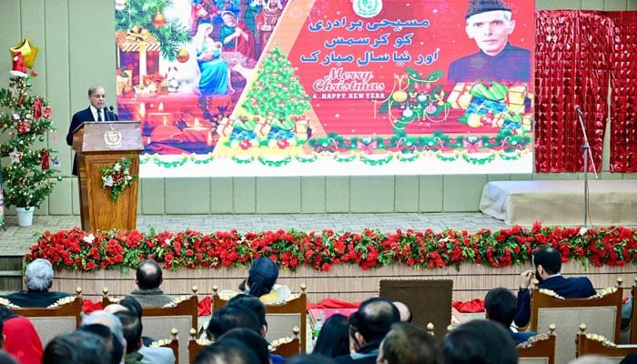 Prime Minister Shehbaz Sharif addresses a ceremony in connection with Christmas 2024 in Islamabad on December 25, 2024. — PID