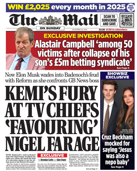 "Kemi's fury at TV chiefs 'favouring' Nigel Farage"reads the Mail on Sunday headline. 