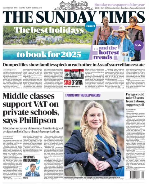 "Middle classes support VAT on private schools, says Phillipson" headlines the Sunday Times