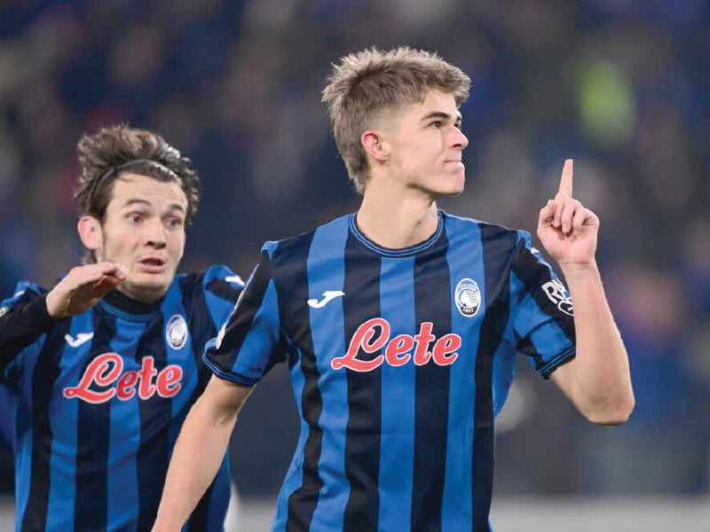 charles de ketelaere seen here celebrating after scoring a penalty against real madrid on december 10 netted a brace for atalanta against empoli photo afp