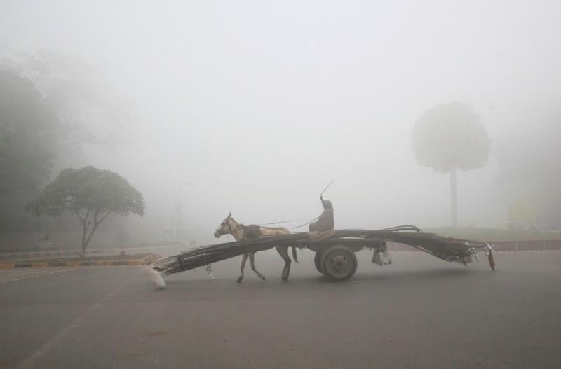 a man rides a donkey drawn cart supplying steel rods on a smoggy morning in lahore pakistan november 10 2017 photo reuters