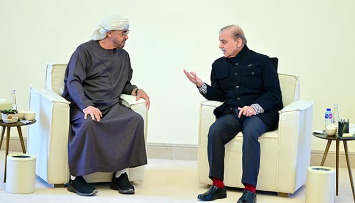 Prime Minister Shehbaz Sharif meets UAE President Sheikh Mohamed bin Zayed Al Nahyan in Rahim Yar Khan on January 5, 2025. — PID