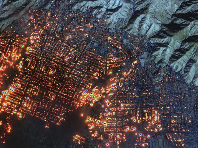 This satellite image provided by Maxar Technologies shows the Eaton Fire on Wednesday, Jan. 8, 2025, in Altadena, Calif. (Maxar Technologies via AP)