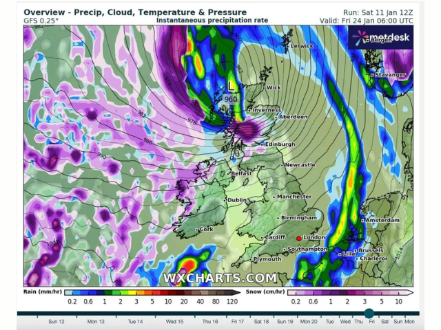 A projected weather map shows another snowy blast in just a few weeks ( Image: WXCharts)