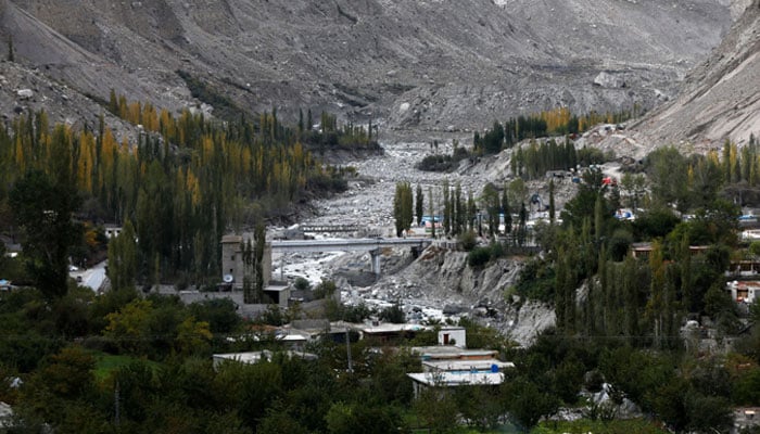 A view of the newly built Hassanabad bridge, which replaced a bridge that collapsed when the Shisper glacier caused Glacial Lake Outburst Flooding (GLOF), in Hassanabad village, Pakistan, October 8, 2023.  — Reuters