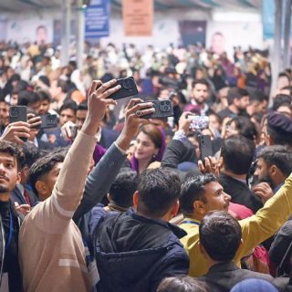 students click selfies with punjab chief minister maryam nawaz after a honhaar scholarship ceremony at islamia university bahawalpur photo express