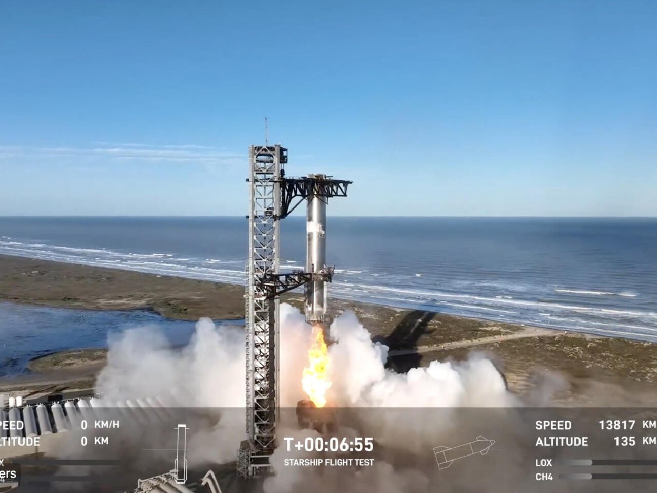 in this screen grab taken from the spacex broadcast the starship s super heavy booster is grappled mid air as it returns to the launch pad at starbase near boca chica texas on january 16 2025 photo afp