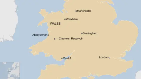 A map of the UK showing where the Claerwen Reservoir is located in the middle of Wales, just south of Aberystwyth