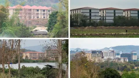 BBC/ Lulu Luo and Jonathan Head A view of various scam compounds from the Thai border across fields and scrub land.