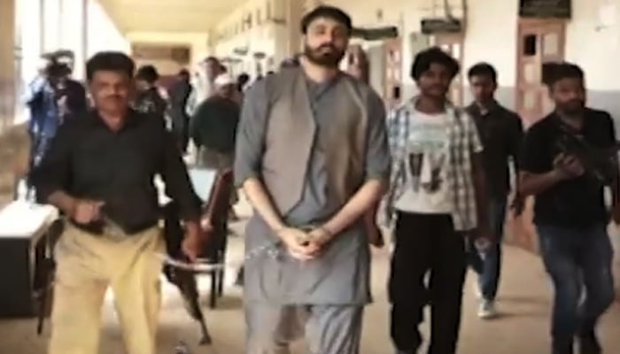 Actor Sajid Hassans son Sahir Hassan being produced before court in this undated photo. — Screengrab via Geo News