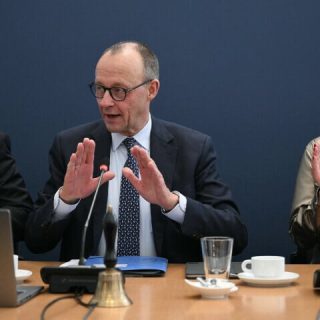 the secretary general of germany s christian democratic union cdu carsten linnemann the leader of germany s christian democratic union cdu and the party s top candidate for chancellor friedrich merz c and cdu board member silvia breher react prior the cdu s leadership meeting at the party s headquarters in berlin on february 24 photo afp