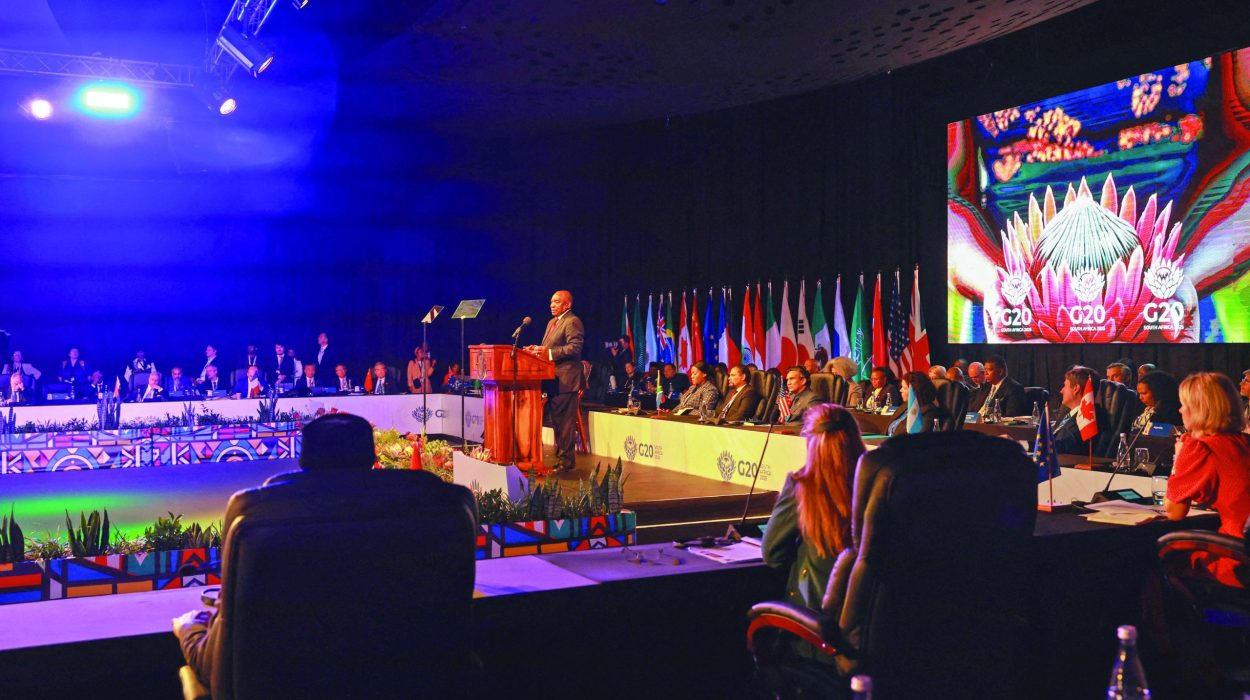 south african president cyril ramaphosa delivers the keynote address at the opening of the g20 foreign ministers meeting at the nasrec expo centre in johannesburg photo afp