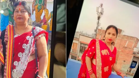 The image shows two women, Shilam Devi and Pinky Devi in traditional Indian red sarees. The two women died in the crush at New Delhi railway station. 