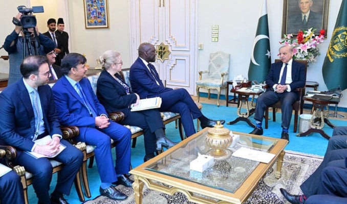 prime minister shehbaz sharif speaks during a meeting with the international finance corporation managing director makhtar diop in islamabad on february 14 2025 courtesy prime minister s office