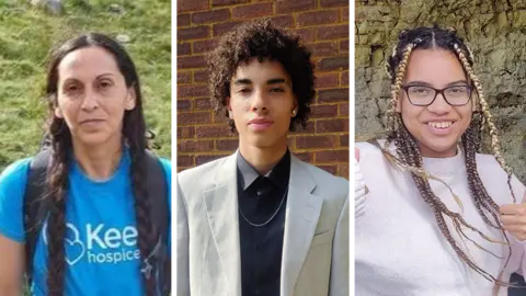 Contributed A composite image showing Juliana Falcon (long hair, wearing a blue T-shirt and backpack), Kyle Prosper (wearing a grey suit jacket with buttoned up black shirt), and Giselle Prosper (smiling, thumb ups, wearing a jumper)