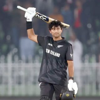 rachin ravindra celebrates his hundred against bangladesh on monday photo icc