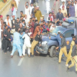 tensions run high as jeay sindh qaumi mahaz jsqm protesters clash with police at sharae faisal as they demonstrate against new canals on the indus river and anti people policies photo ppi