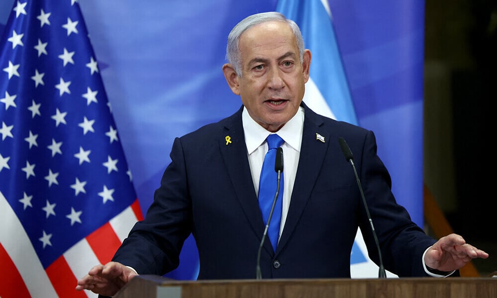 israel s prime minister benjamin netanyahu speaks during a joint press conference with the us secretary of state at his office in occupied jerusalem on february 16 2025 photo afp