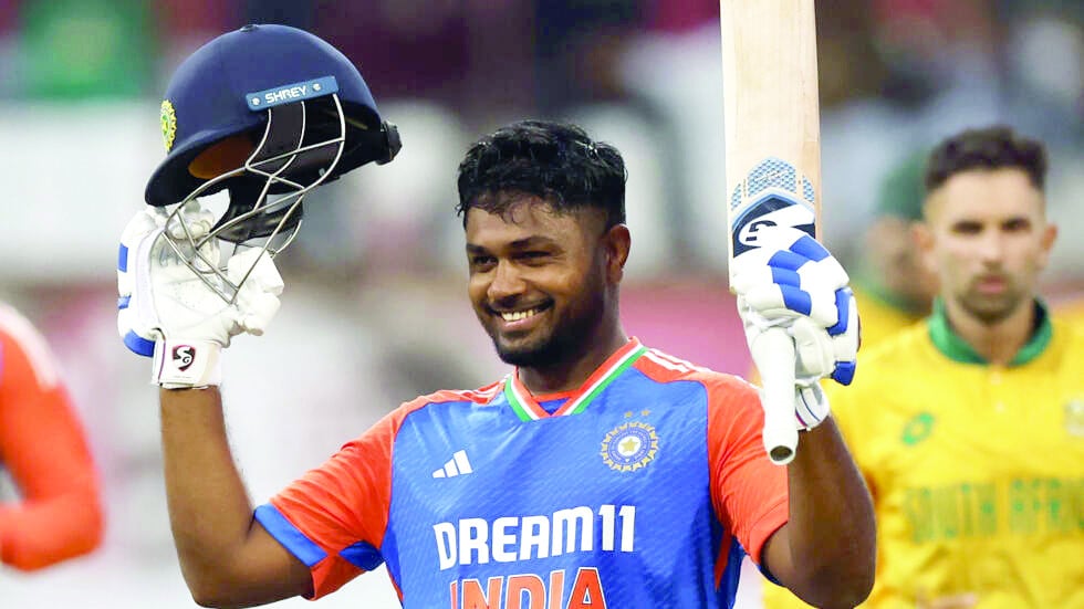 india s sanju samson celebrates his t20i ton against south africa photo afp