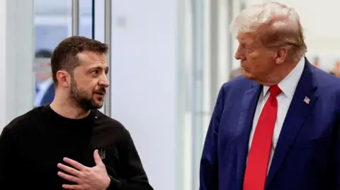 Reuters Zelensky puts his hand on his chest as he speaks to Trump, stood next to him.