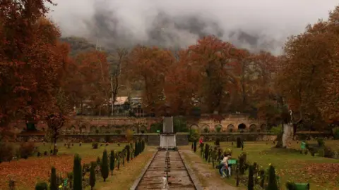 Getty Images November 10, 2023, Srinagar Kashmir, India : A view of the Mughal Garden covered with fallen leaves as people visit. Autumn colours are reaching their peak with trees, particularly Chinar, changing their colours as the days are becoming shorter. (Photo by Firdous Nazir/Eyepix Group/Future Publishing via Getty Images)